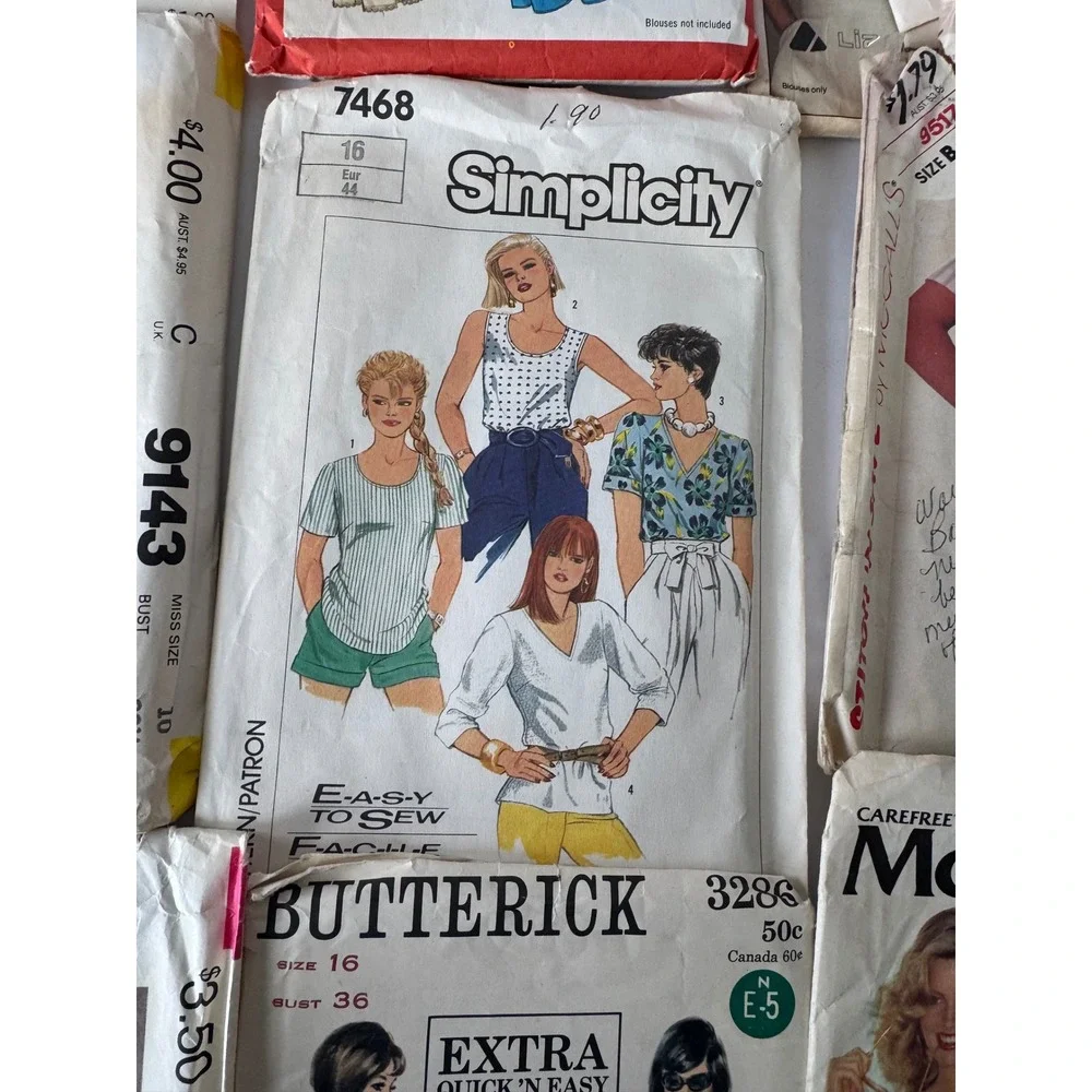 Simplicity McCall Vintage 80s Sewing Pattern Lot Blouses Tops Shorts‎ Apron OS